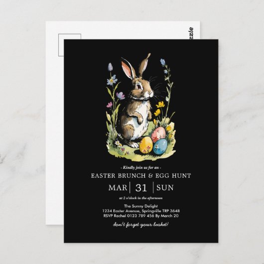 Pasen Brunch en Egg Hunt | Wildflower Bunny Briefkaart (Voorkant / Achterkant)