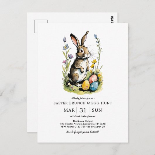 Pasen Brunch en Egg Hunt | Wildflower Bunny Briefkaart (Voorkant / Achterkant)