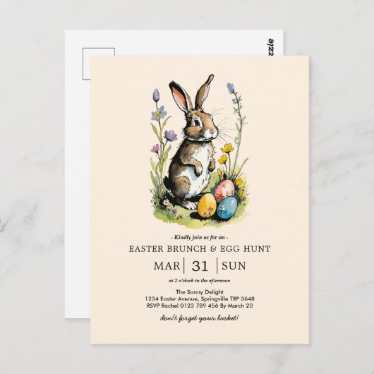 Pasen Brunch en Egg Hunt | Wildflower Bunny Briefkaart (Voorkant / Achterkant)