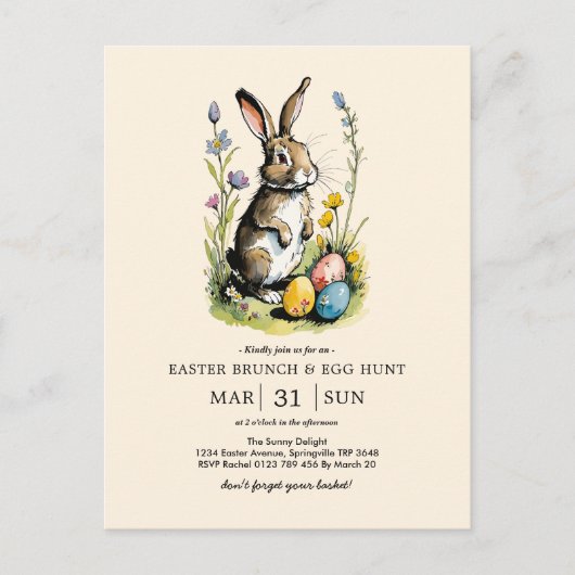 Pasen Brunch en Egg Hunt | Wildflower Bunny Briefkaart (Voorkant)