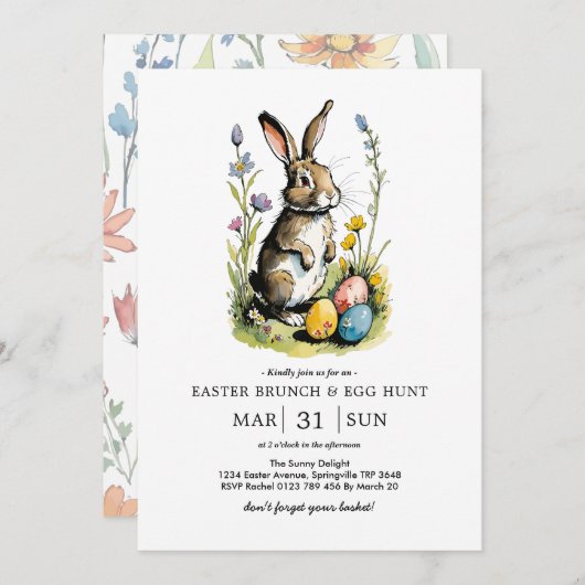 Pasen Brunch en Egg Hunt | Wildflower Bunny Kaart (Voorkant / Achterkant)