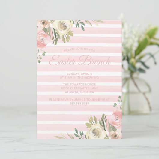 Pasen Brunch Roze Striped Floral Chic Kaart (Staand voorkant)