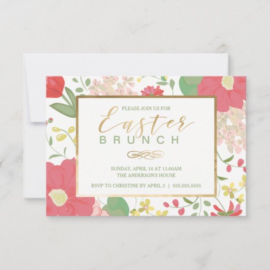 Pasen Brunch, Spring Gold Floral Uitnodiging (Voorkant)