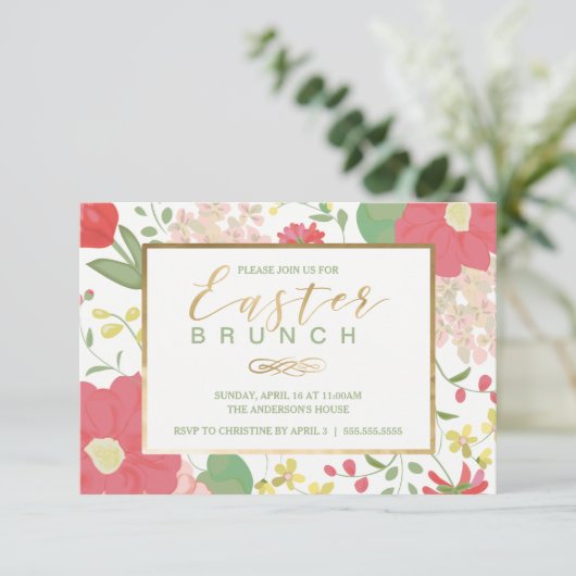 Pasen Brunch, Spring Gold Floral Uitnodiging (Staand voorkant)