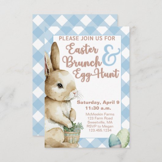 Pasen Brunch Uitnodiging, Blue Gingham, Waterverf Kaart (Voorkant / Achterkant)