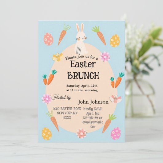 Pasen Brunch Uitnodiging | Knuffel Konijn & Ei in  (Staand voorkant)
