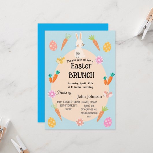 Pasen Brunch Uitnodiging | Knuffel Konijn & Ei in  (Voorkant / Achterkant in situ)
