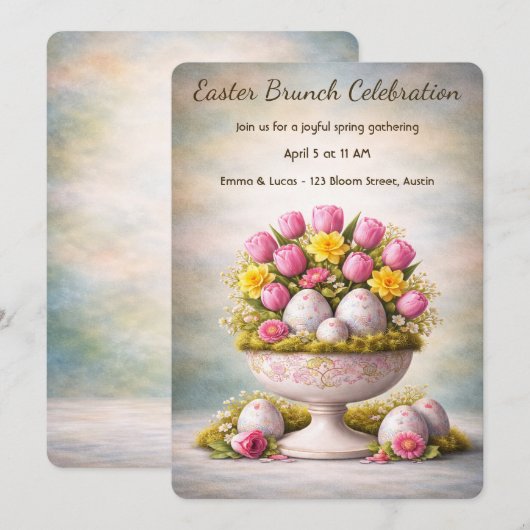 Pasen Brunch Uitnodiging Tulpen Bloemstuk Lente (Voorkant / Achterkant)