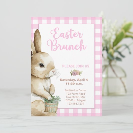Pasen Brunch Uitnodiging, Waterverf Konijn, Roze Kaart (Staand voorkant)