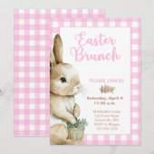 Pasen Brunch Uitnodiging, Waterverf Konijn, Roze Kaart (Voorkant / Achterkant)