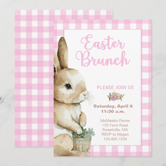 Pasen Brunch Uitnodiging, Waterverf Konijn, Roze Kaart (Voorkant / Achterkant)