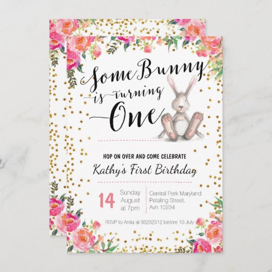 Pasen Bunny Birthday Floral Kaart (Voorkant / Achterkant)