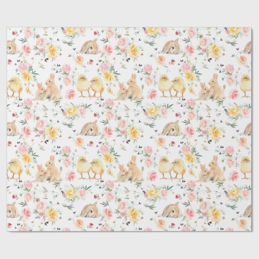 Pasen Bunny Chicks Spring Floral Cadeaupapier (Vlak)