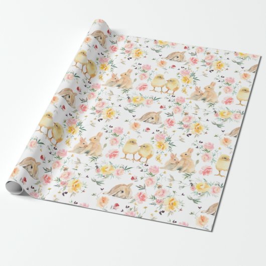 Pasen Bunny Chicks Spring Floral Cadeaupapier (Uitgerold)