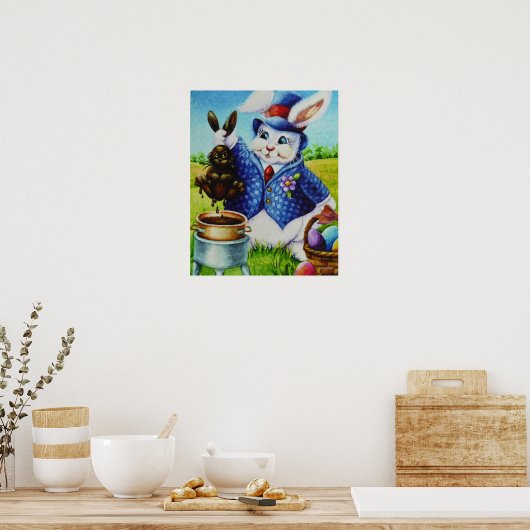 Pasen Bunny Dips Rabbit in Chocolate Art 16x20 Poster (Keuken)