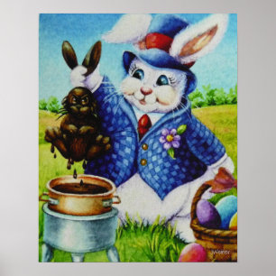 Pasen Bunny Dips Rabbit in Chocolate Art 16x20 Poster