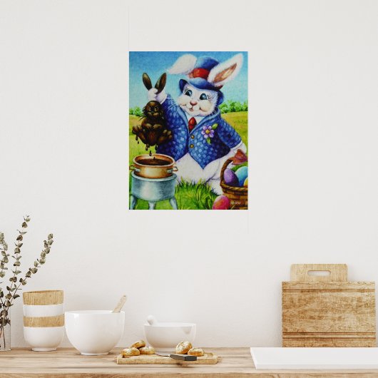 Pasen Bunny Dips Rabbit in Chocolate Art 18x24 Poster (Keuken)