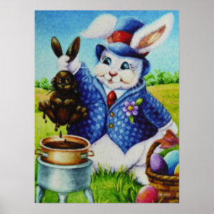 Pasen Bunny Dips Rabbit in Chocolate Art 18x24 Poster