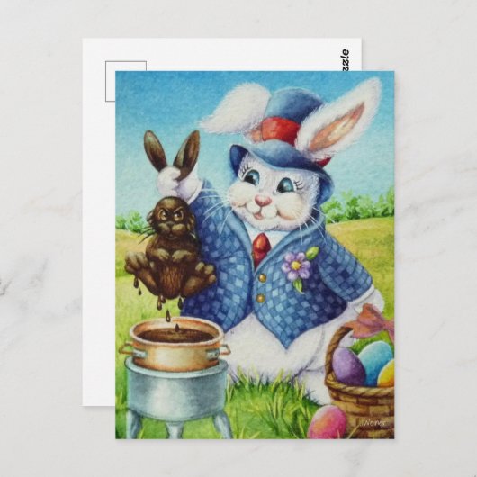 Pasen Bunny Dips Rabbit in Chocolate Waterverf Briefkaart (Voorkant / Achterkant)