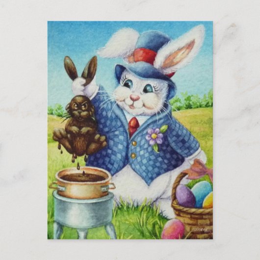 Pasen Bunny Dips Rabbit in Chocolate Waterverf Briefkaart (Voorkant)
