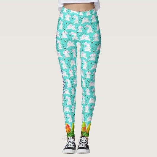 Pasen Bunny Egg Hunt Happy Bee Blue Leggings (Voorkant)
