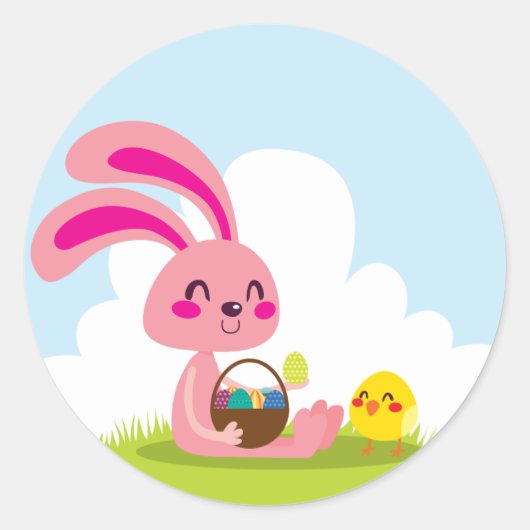 Pasen Bunny en Chick Ronde Sticker (Voorkant)