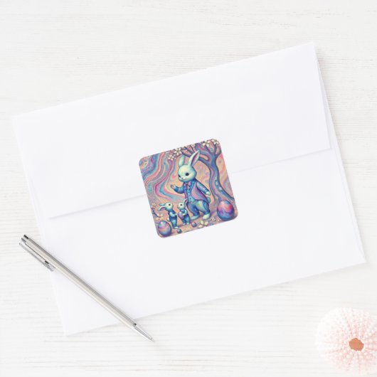 Pasen Bunny en zijn kinderen Vierkante Sticker (Envelop)