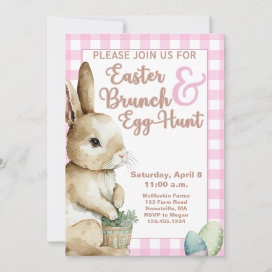 Pasen Bunny Gingham Easter Brunch & Egg Hunt Pink Kaart (Voorkant)