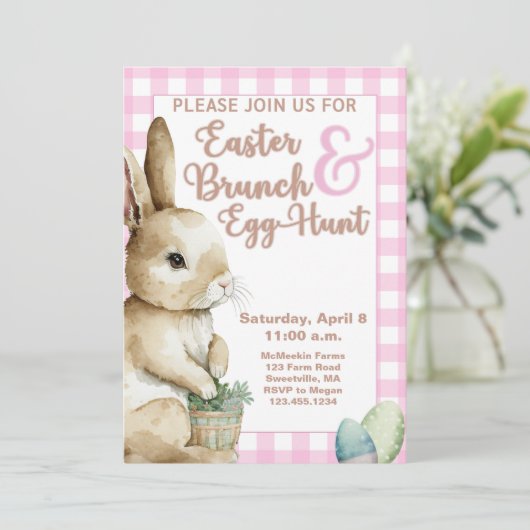 Pasen Bunny Gingham Easter Brunch & Egg Hunt Pink Kaart (Staand voorkant)