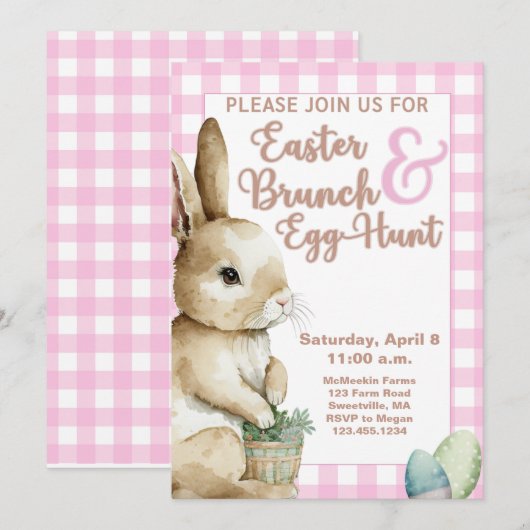 Pasen Bunny Gingham Easter Brunch & Egg Hunt Pink Kaart (Voorkant / Achterkant)