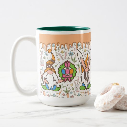 Pasen Bunny Gnomes Spring Tweekleurige Koffiemok (Met donut)
