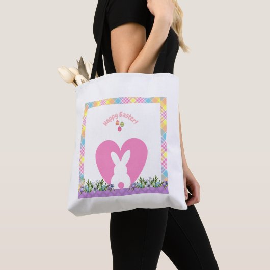 Pasen Bunny in een hart met bloemen Canvas tas (Dichtbij)