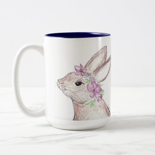Pasen Bunny met bloeiende kroon. (Navy) Tweekleurige Koffiemok (Links)