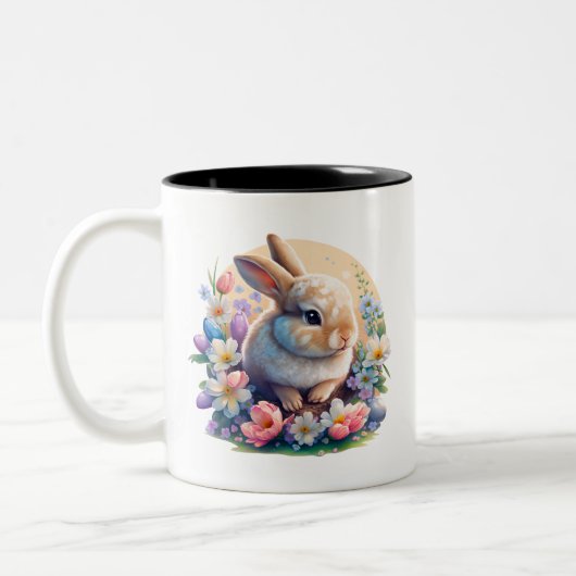Pasen Bunny met bloemen, lente Bunny-dag Tweekleurige Koffiemok (Links)