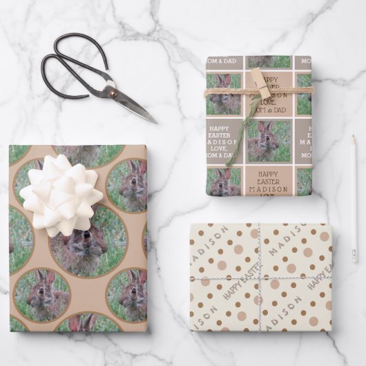 Pasen Bunny Neutral Polka Dot gepersonaliseerd Inpakpapier Vel (Voorkant)