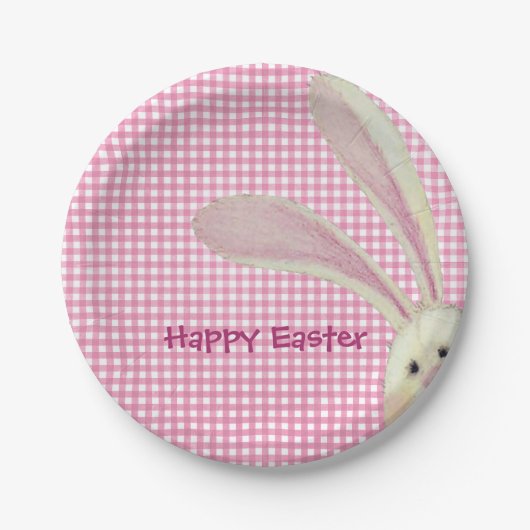 Pasen Bunny op Roze Gingham Papieren Bordje (Voorkant)