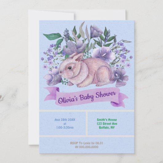 Pasen Bunny Paarse Florals Baby shower nodigt uit (Voorkant)