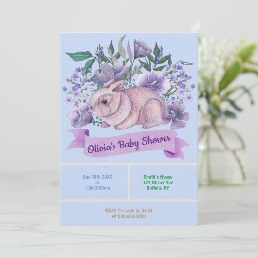Pasen Bunny Paarse Florals Baby shower nodigt uit (Staand voorkant)