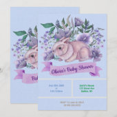Pasen Bunny Paarse Florals Baby shower nodigt uit (Voorkant / Achterkant)