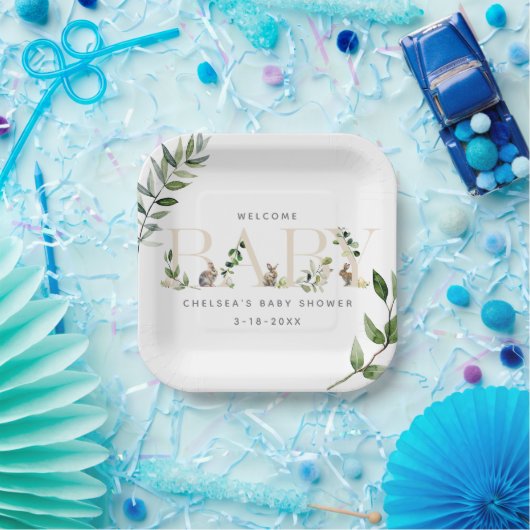 Pasen Bunny Rabbit Eucalyptus Neutraal Baby shower Papieren Bordje (Feest)