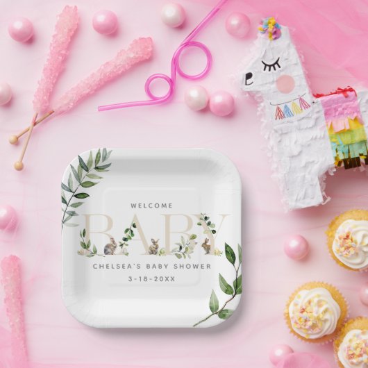 Pasen Bunny Rabbit Eucalyptus Neutraal Baby shower Papieren Bordje (Feest)