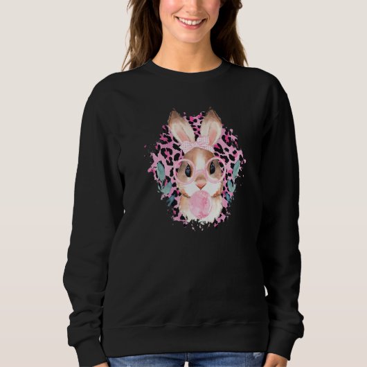 Pasen Bunny Rabbit Wearing Glasses Roze Leopard P Trui (Voorkant)