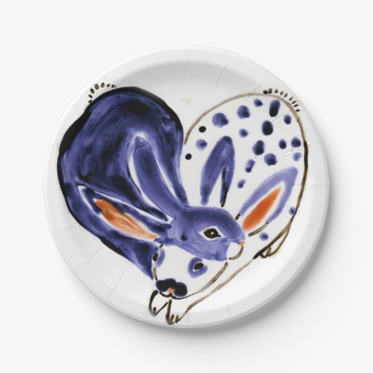 Pasen Bunny Rabbits Heart Blue & White Modern Papieren Bordje (Voorkant)