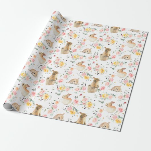 Pasen Bunny Spring Floral Cadeaupapier (Uitgerold)