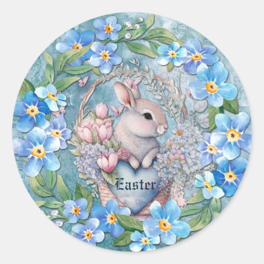 Pasen Bunny Spring Floral Vergeet me Nots Ronde Sticker (Voorkant)