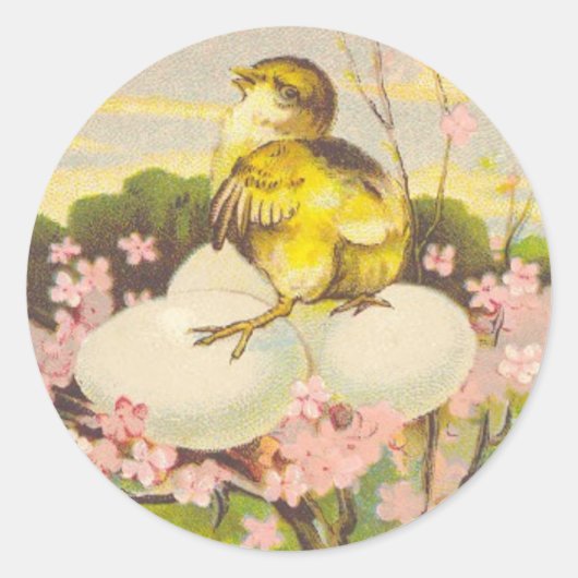 Pasen - Chick & Eggs Up a Tree - Antiek Briefkaart Ronde Sticker (Voorkant)