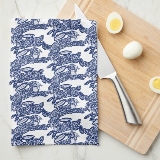 Pasen Chinoiserie Blue White Rabbit Bunny Pattern Theedoek (Quarter Fold)