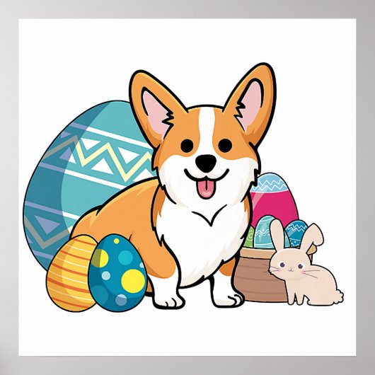 Pasen: Corgi Dog Cute Cartoon Style Paaseieren, B Poster (Voorkant)