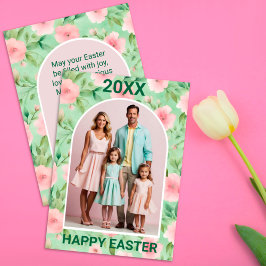 Pasen Custom Foto Pastel Roze & Groene Bloemen Feestdagenkaart