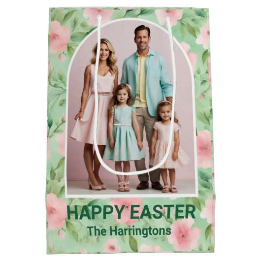 Pasen Custom Foto Pastel Roze & Groene Bloemen Medium Cadeauzakje (Achterkant)